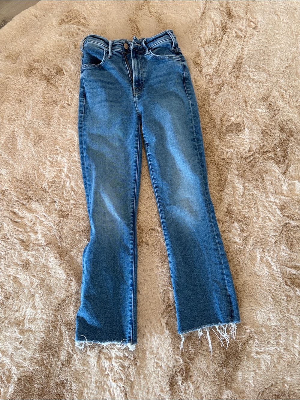 MOTHER The Hustler Ankle Fray Jeans Grasping At Straws Blue 24 High Rise Flare